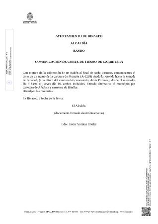 Imagen Corte temporal de tramo de Carretera (entrada a Binaced desde Monzón)