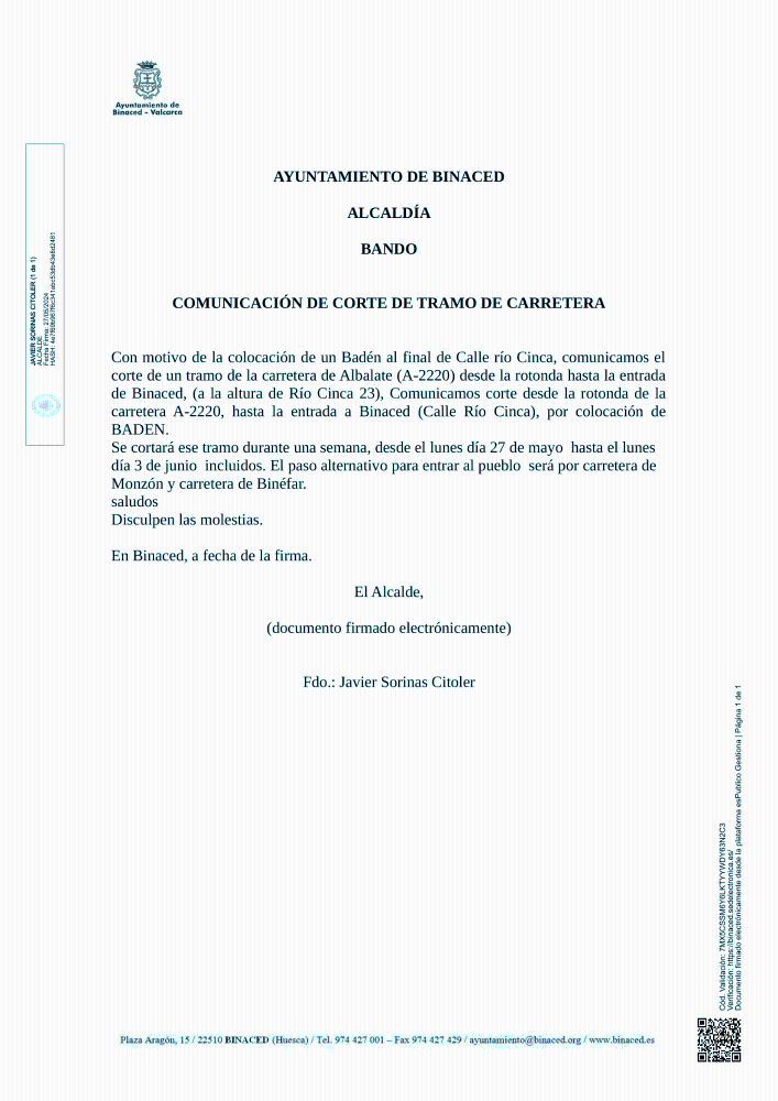 Imagen Corte temporal de tramo de entrada a Binaced (por calle Río Cinca)